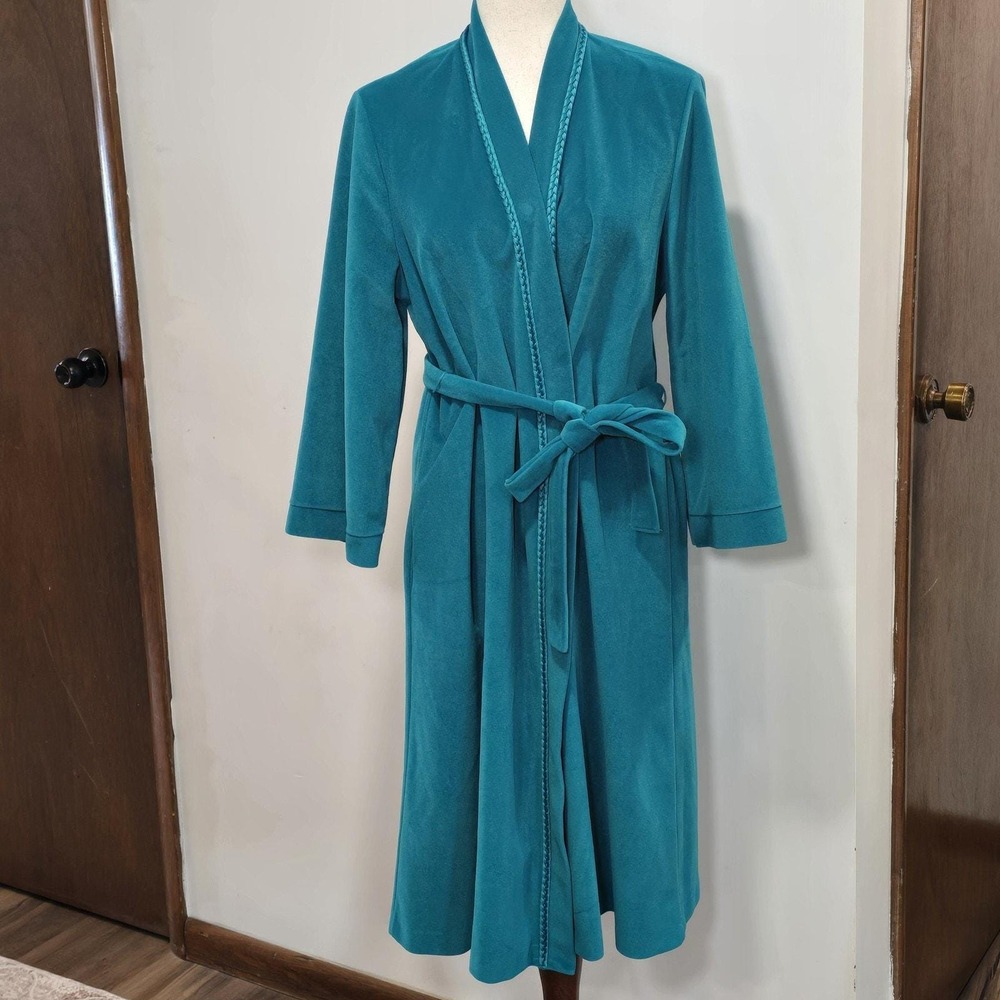 Vanity Fair‎ Snap Button Tie Teal Blue Long Winter Warm Soft Vintage Robe M/L